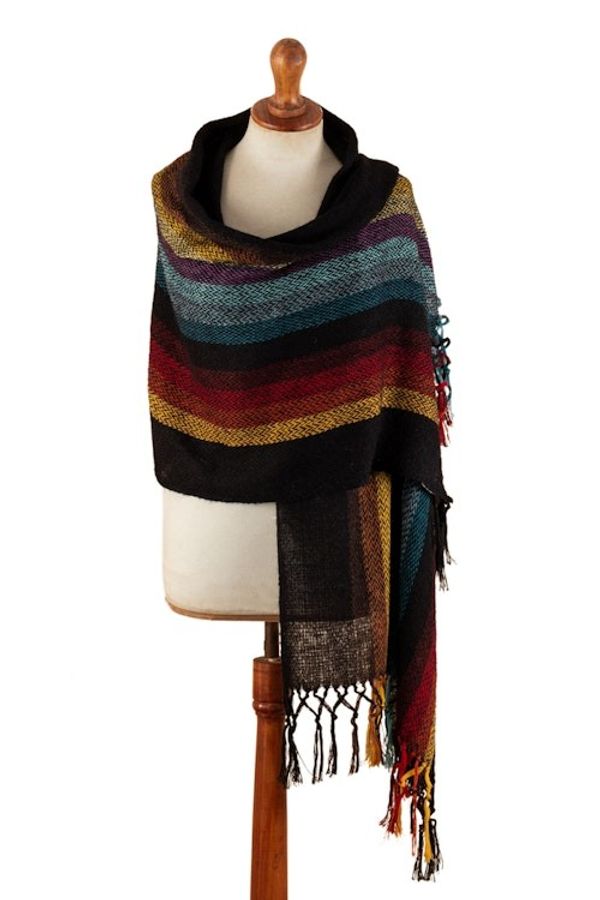 Alternate image for Striped and Fringed 100 Alpaca Shawl Hand-Woven in Peru Nature in Harmony