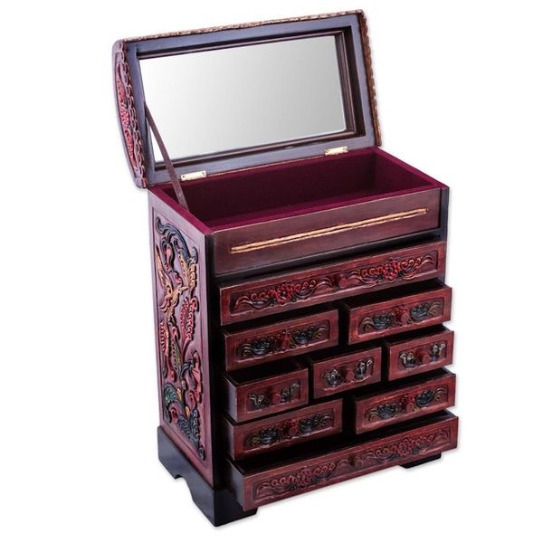 Alternate image for Peruvian Hand Carved Cedar Wood Jewelry Box with Mirror Garden Hummingbirds