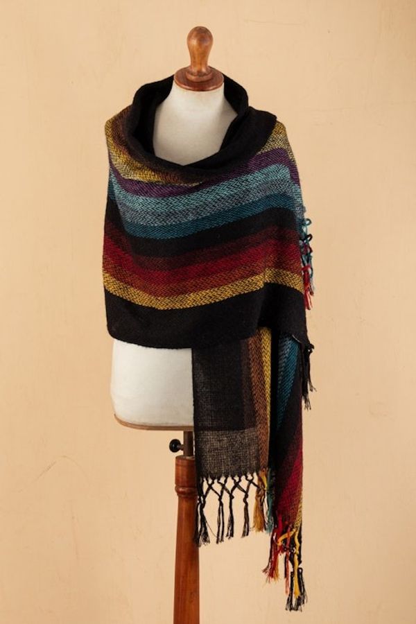 Alternate image for Striped and Fringed 100 Alpaca Shawl Hand-Woven in Peru Nature in Harmony