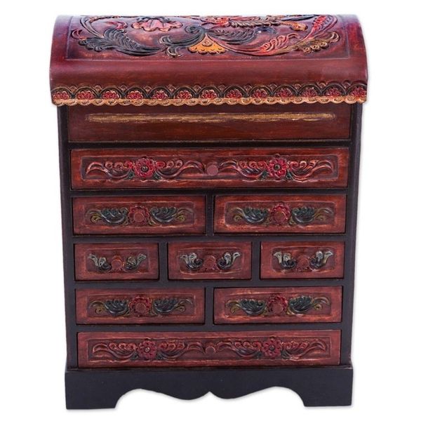Alternate image for Peruvian Hand Carved Cedar Wood Jewelry Box with Mirror Garden Hummingbirds