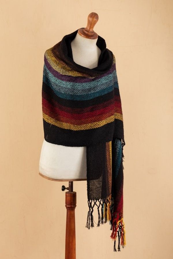 Alternate image for Striped and Fringed 100 Alpaca Shawl Hand-Woven in Peru Nature in Harmony