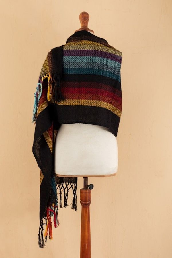 Alternate image for Striped and Fringed 100 Alpaca Shawl Hand-Woven in Peru Nature in Harmony