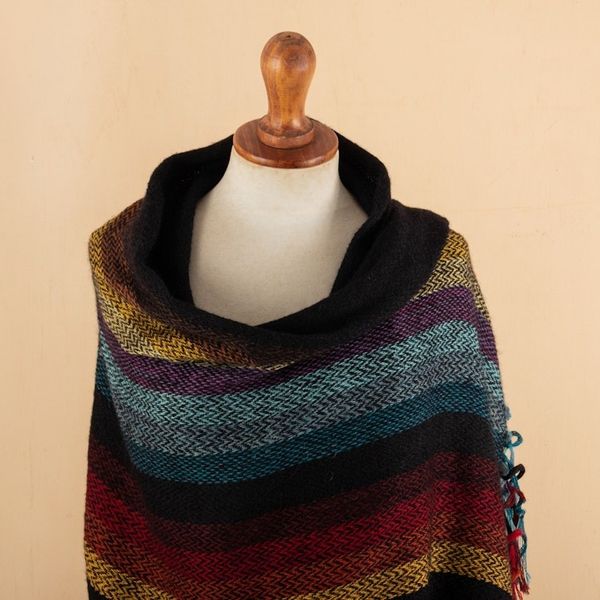 Alternate image for Striped and Fringed 100 Alpaca Shawl Hand-Woven in Peru Nature in Harmony
