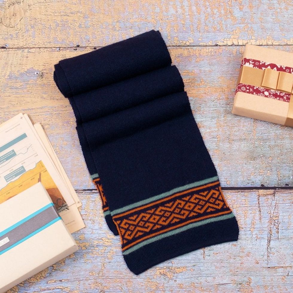 Knit Classic Indigo and Orange 100 Baby Alpaca Scarf 'Indigo Andes'