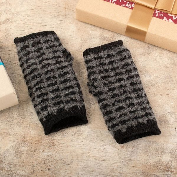 Alternate image for Square-Pattern Black and Grey Alpaca Blend Fingerless Mitts Night Squares