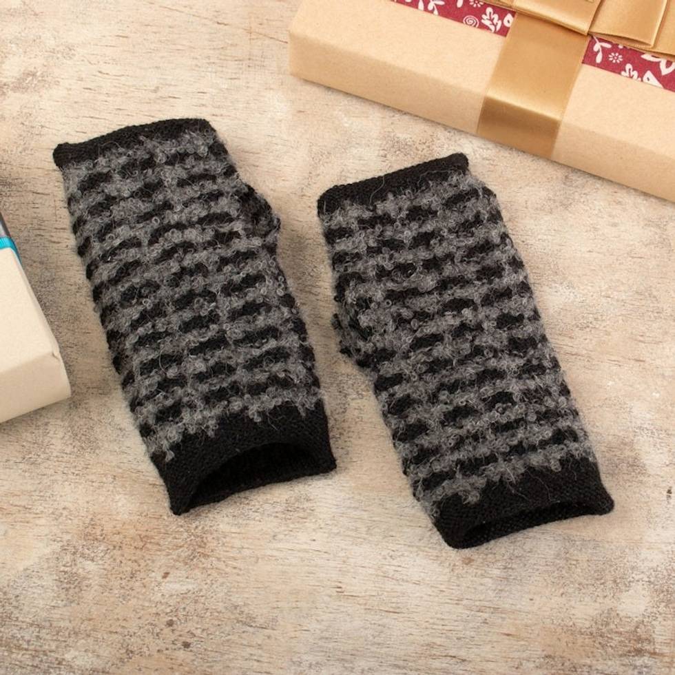 Square-Pattern Black and Grey Alpaca Blend Fingerless Mitts 'Night Squares'