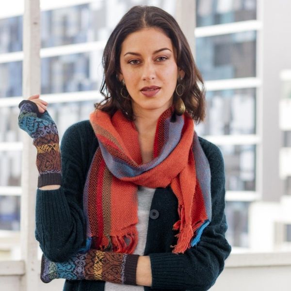 Alternate image for Scarlet and Multi-Color Stripe Handwoven 100 Alpaca Scarf Sky Flame