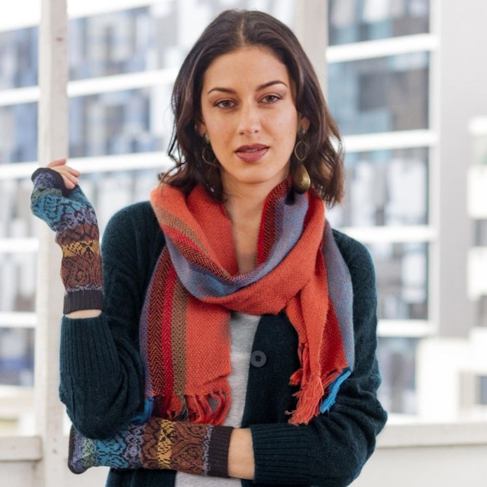 Scarlet and Multi-Color Stripe Handwoven 100 Alpaca Scarf 'Sky Flame'