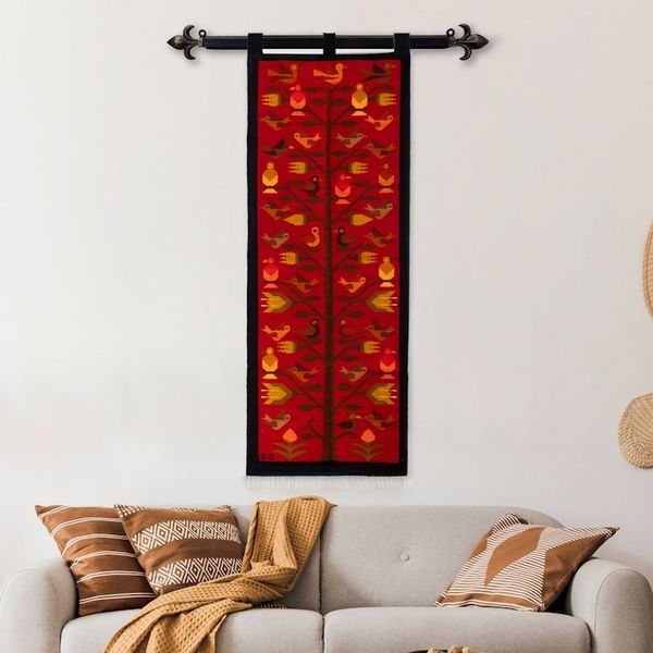 Alternate image for Hand-Woven Wool Wall Tapestry with Bird Floral Tree Motifs Birds in Nature