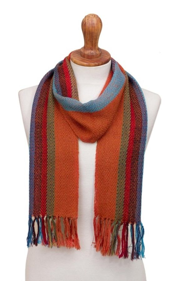 Alternate image for Scarlet and Multi-Color Stripe Handwoven 100 Alpaca Scarf Sky Flame