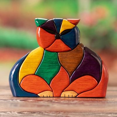 Alternate image for Finely Crafted Wood Cat Sculpture Patchwork Cat