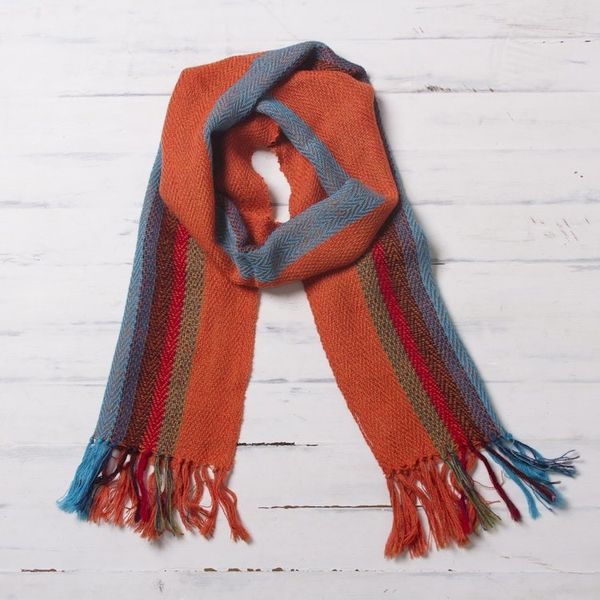 Alternate image for Scarlet and Multi-Color Stripe Handwoven 100 Alpaca Scarf Sky Flame