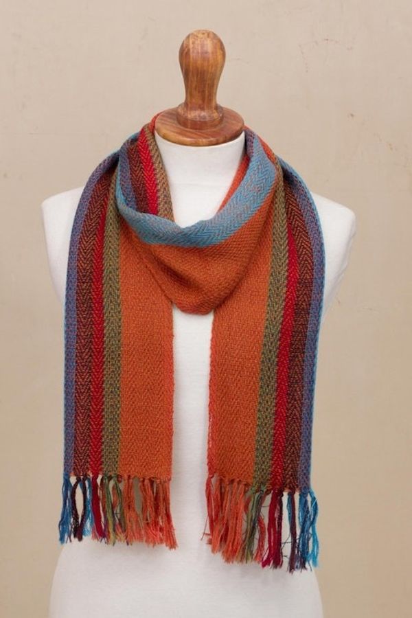 Alternate image for Scarlet and Multi-Color Stripe Handwoven 100 Alpaca Scarf Sky Flame