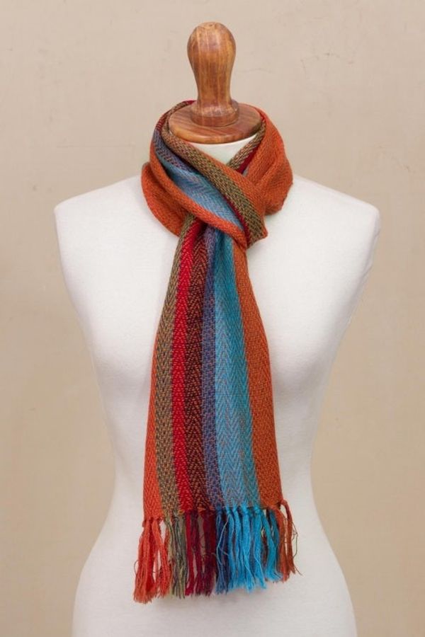 Alternate image for Scarlet and Multi-Color Stripe Handwoven 100 Alpaca Scarf Sky Flame