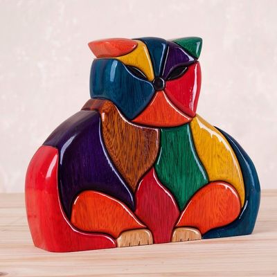 Alternate image for Finely Crafted Wood Cat Sculpture Patchwork Cat