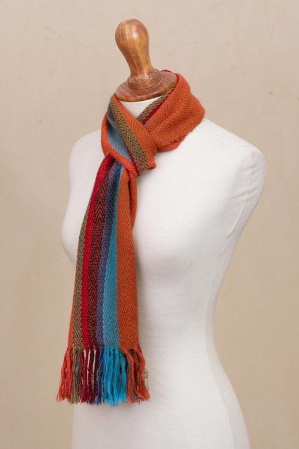 Alternate image for Scarlet and Multi-Color Stripe Handwoven 100 Alpaca Scarf Sky Flame