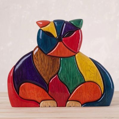 Alternate image for Finely Crafted Wood Cat Sculpture Patchwork Cat