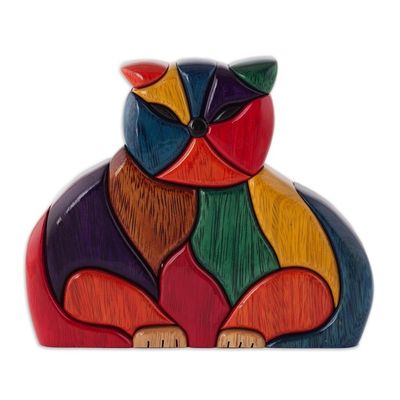 Alternate image for Finely Crafted Wood Cat Sculpture Patchwork Cat