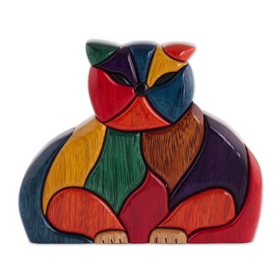Alternate image for Finely Crafted Wood Cat Sculpture Patchwork Cat
