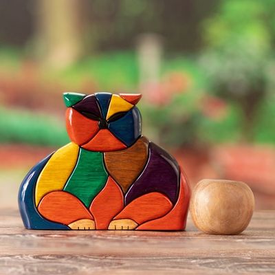 Alternate image for Finely Crafted Wood Cat Sculpture Patchwork Cat