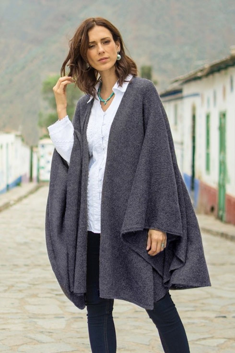 Knit Alpaca Blend Ruana with Textured Crochet Finish in Blue 'Steel Blue'