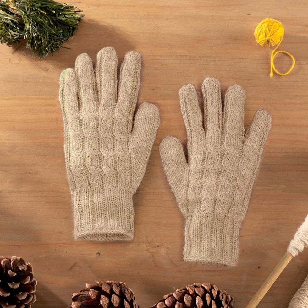 100 Alpaca Cable Knit Gloves in Beige Shade from Peru 'Sand Braid'