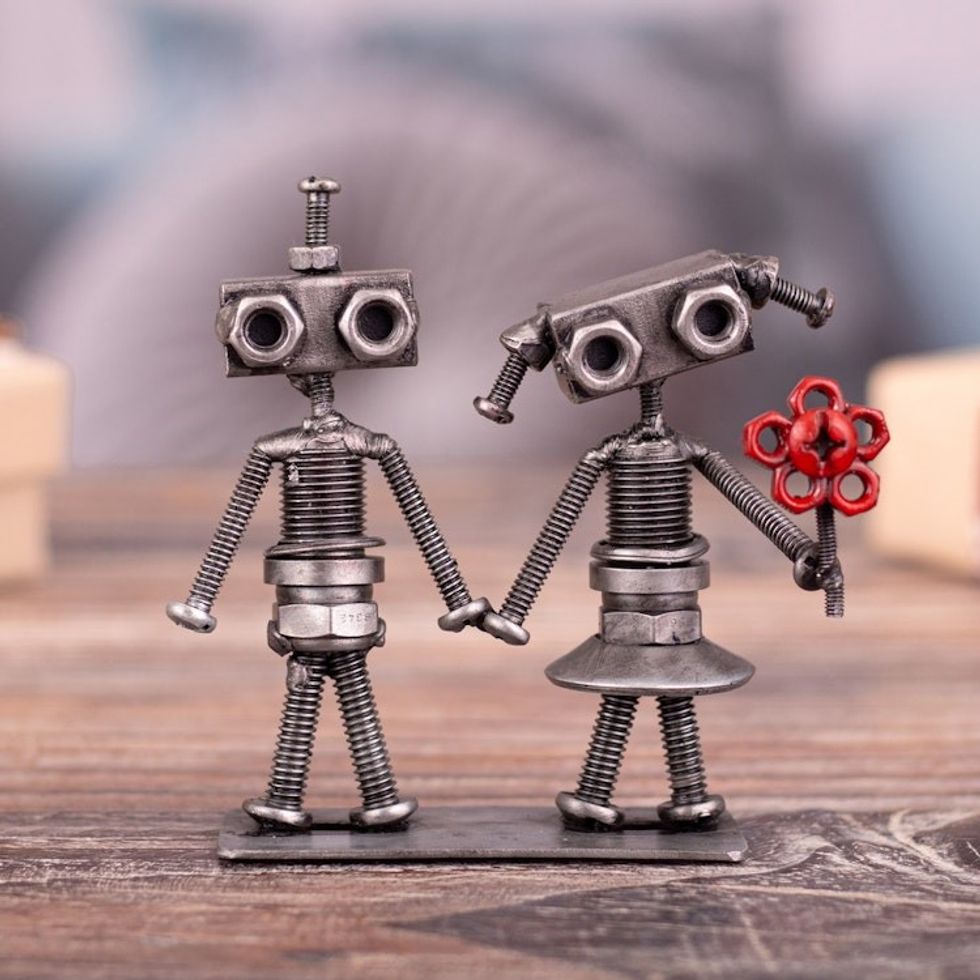 Eco-Friendly Recycled Metal Figurine of Robot Couple 'Robots in Love'