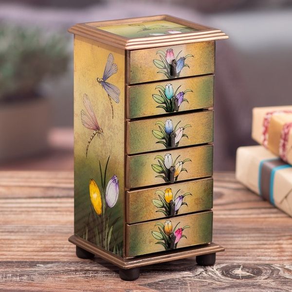 Alternate image for Reverse Painted Glass Dragonfly Floral-Themed Jewelry Box Flying Dragonflies