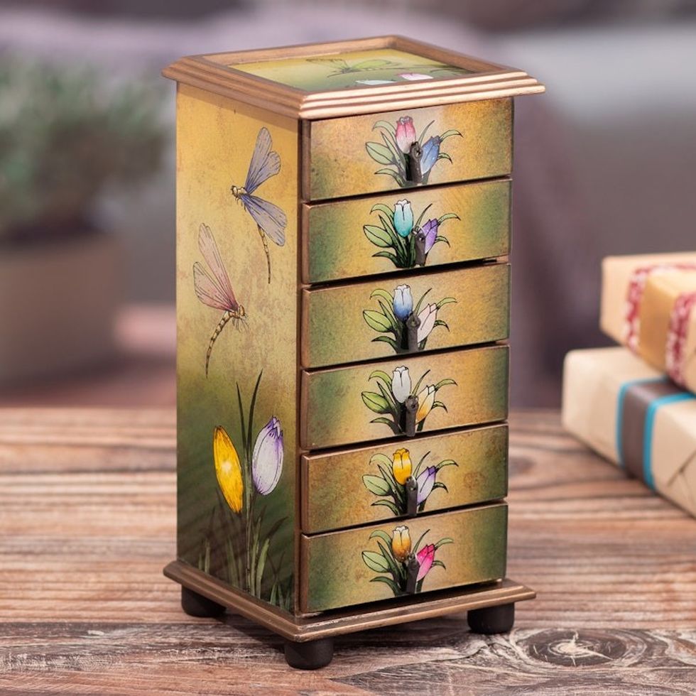 Reverse Painted Glass Dragonfly Floral-Themed Jewelry Box 'Flying Dragonflies'
