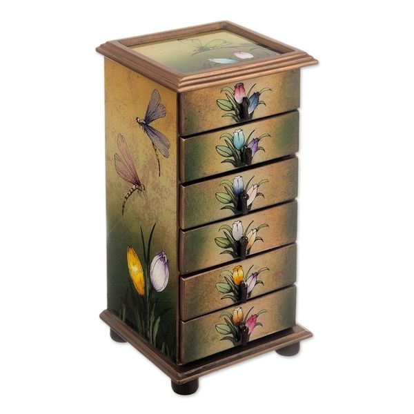 Alternate image for Reverse Painted Glass Dragonfly Floral-Themed Jewelry Box Flying Dragonflies