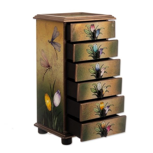 Alternate image for Reverse Painted Glass Dragonfly Floral-Themed Jewelry Box Flying Dragonflies
