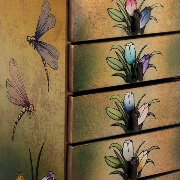Alternate image for Reverse Painted Glass Dragonfly Floral-Themed Jewelry Box Flying Dragonflies