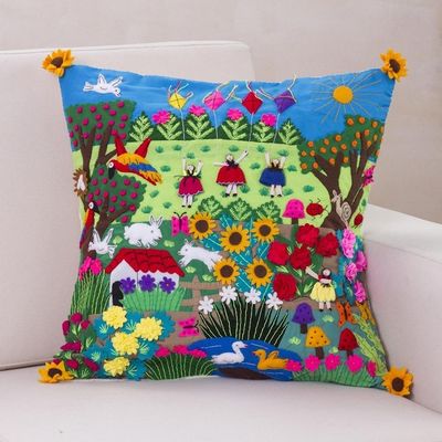 Alternate image for Fair Trade Folk Art Patterned Applique Cushion Cover Spring Fun