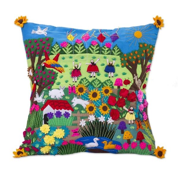Alternate image for Fair Trade Folk Art Patterned Applique Cushion Cover Spring Fun