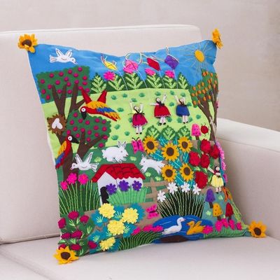 Alternate image for Fair Trade Folk Art Patterned Applique Cushion Cover Spring Fun