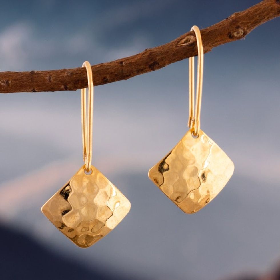 Modern Square 18k Gold-Plated Dangle Earrings from Peru 'Hammered Gold'