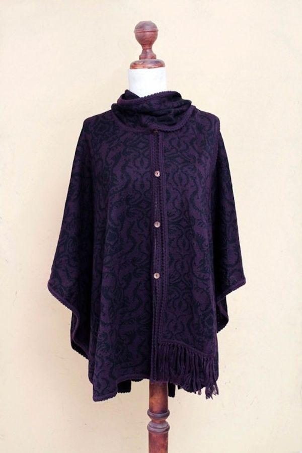 Alternate image for Peruvian Alpaca Blend Purple Ruana Cloak with Scarf Aubergine Arabesques
