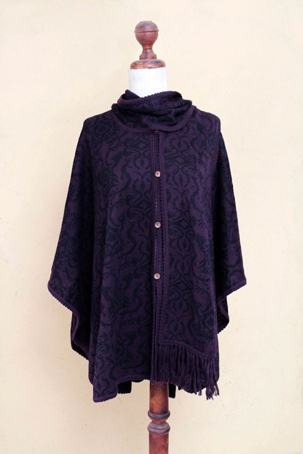 Peruvian Alpaca Blend Purple Ruana Cloak with Scarf 'Aubergine Arabesques'