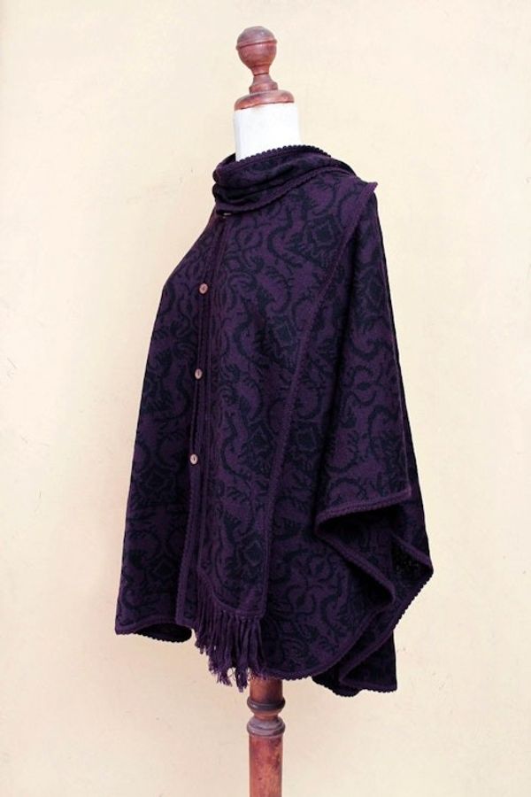 Alternate image for Peruvian Alpaca Blend Purple Ruana Cloak with Scarf Aubergine Arabesques
