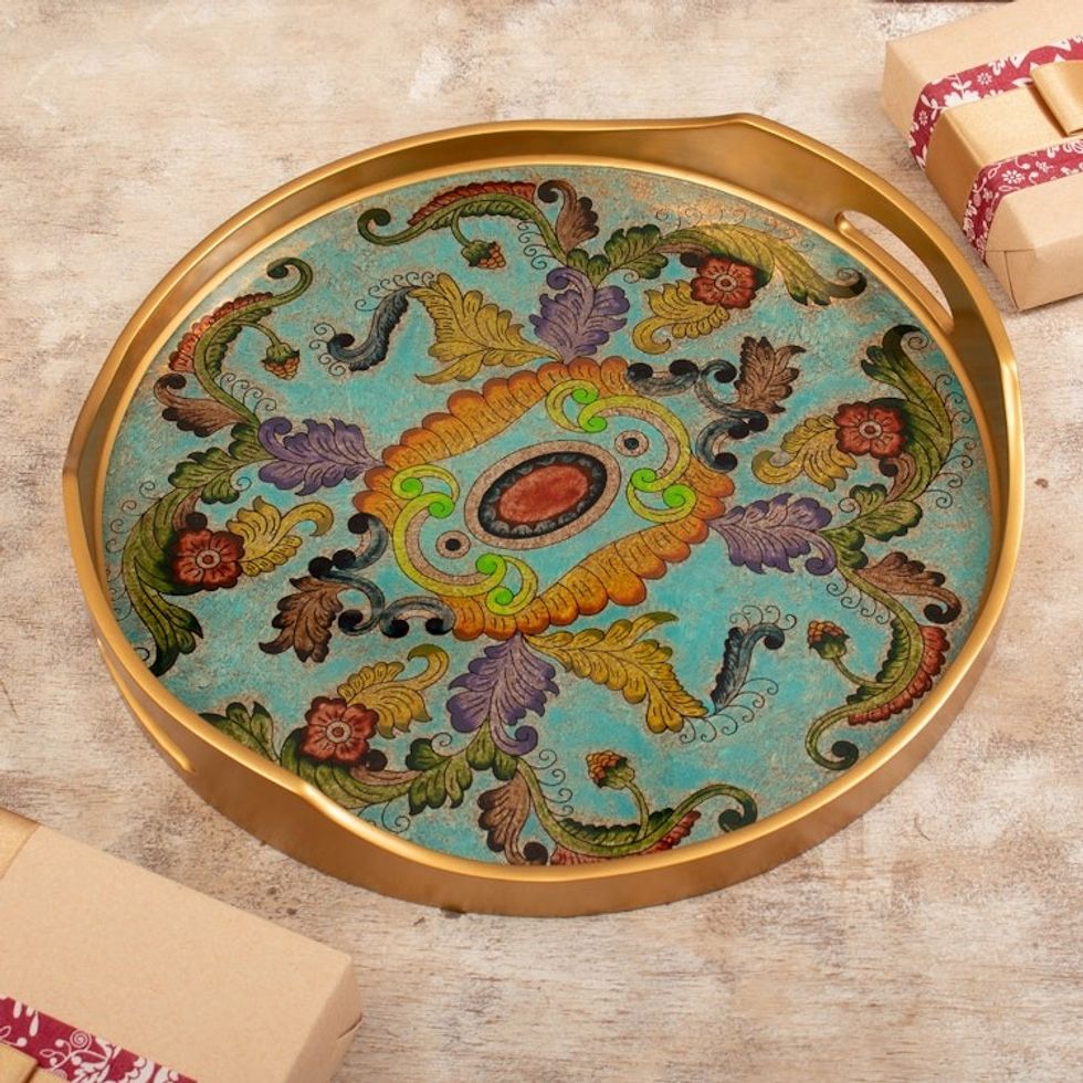 Handcrafted Baroque Leafy Reverse-Painted Glass Tray 'Baroque Reef'