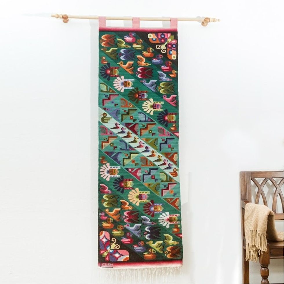 Birds and Butterflies on Multicolor Handloomed Wool Tapestry 'Flight'