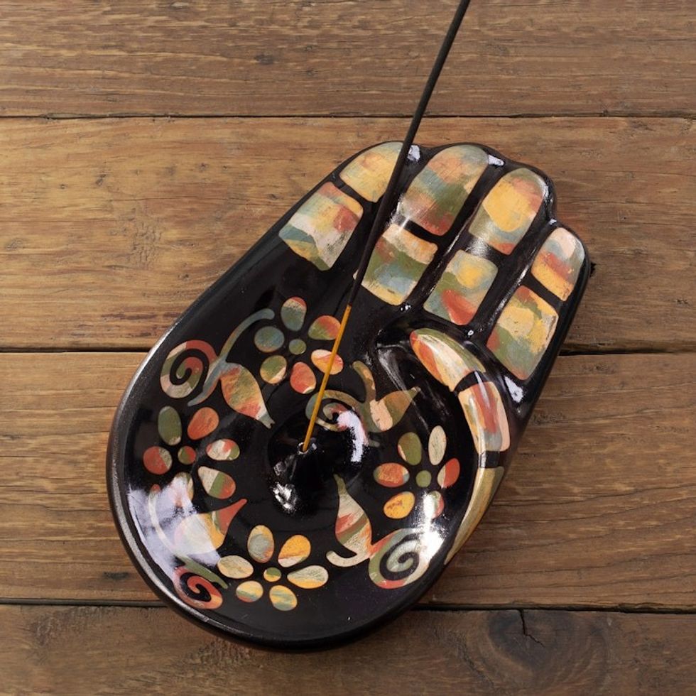 Colorful Handcrafted Hamsa Amulet Ceramic Incense Holder 'Colorful Hamsa'