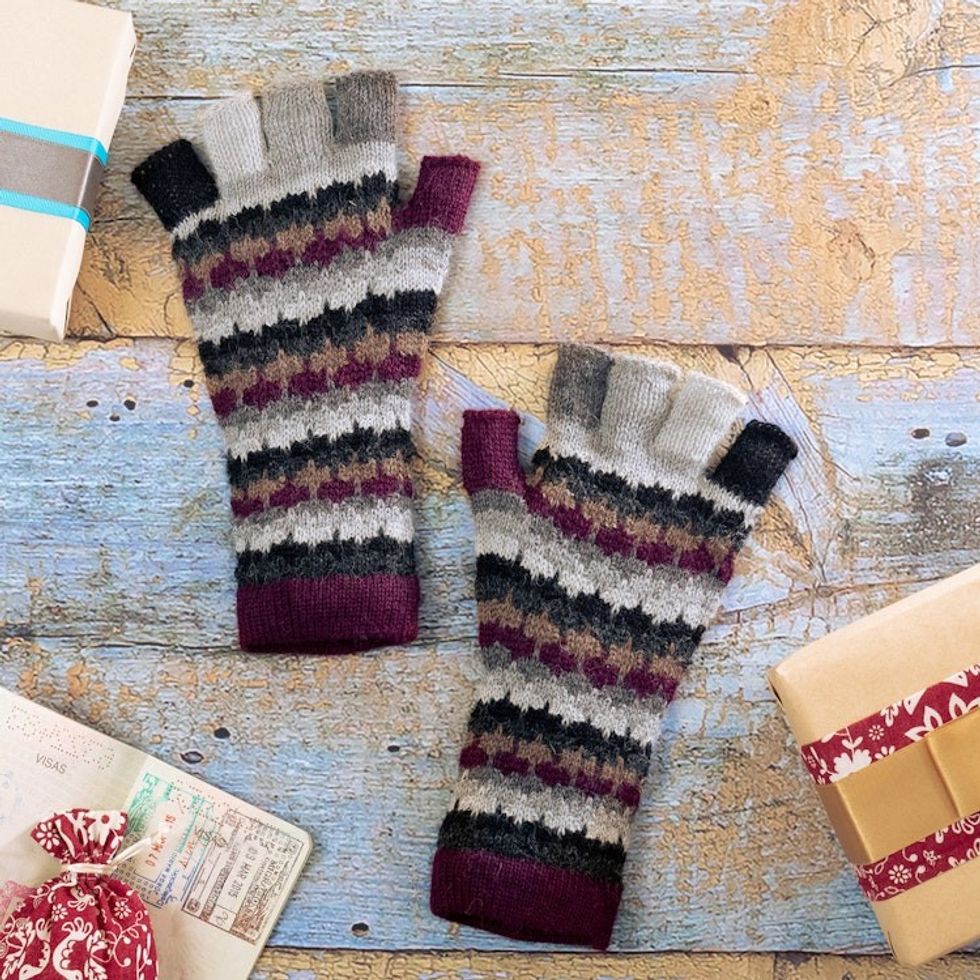 Knit Purple Black Grey 100 Baby Alpaca Fingerless Gloves 'Plum Colorful Life'