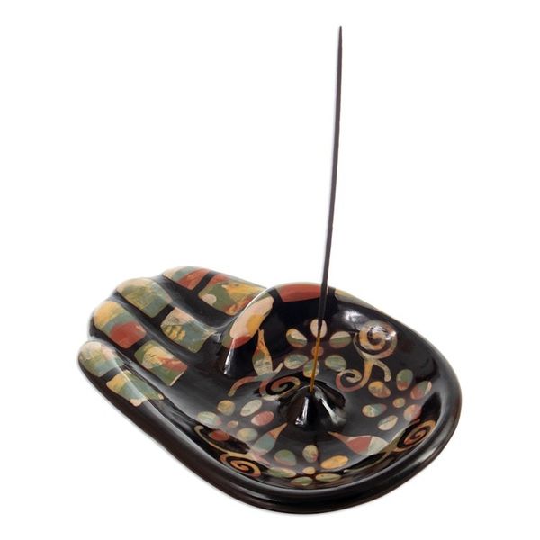 Alternate image for Colorful Handcrafted Hamsa Amulet Ceramic Incense Holder Colorful Hamsa