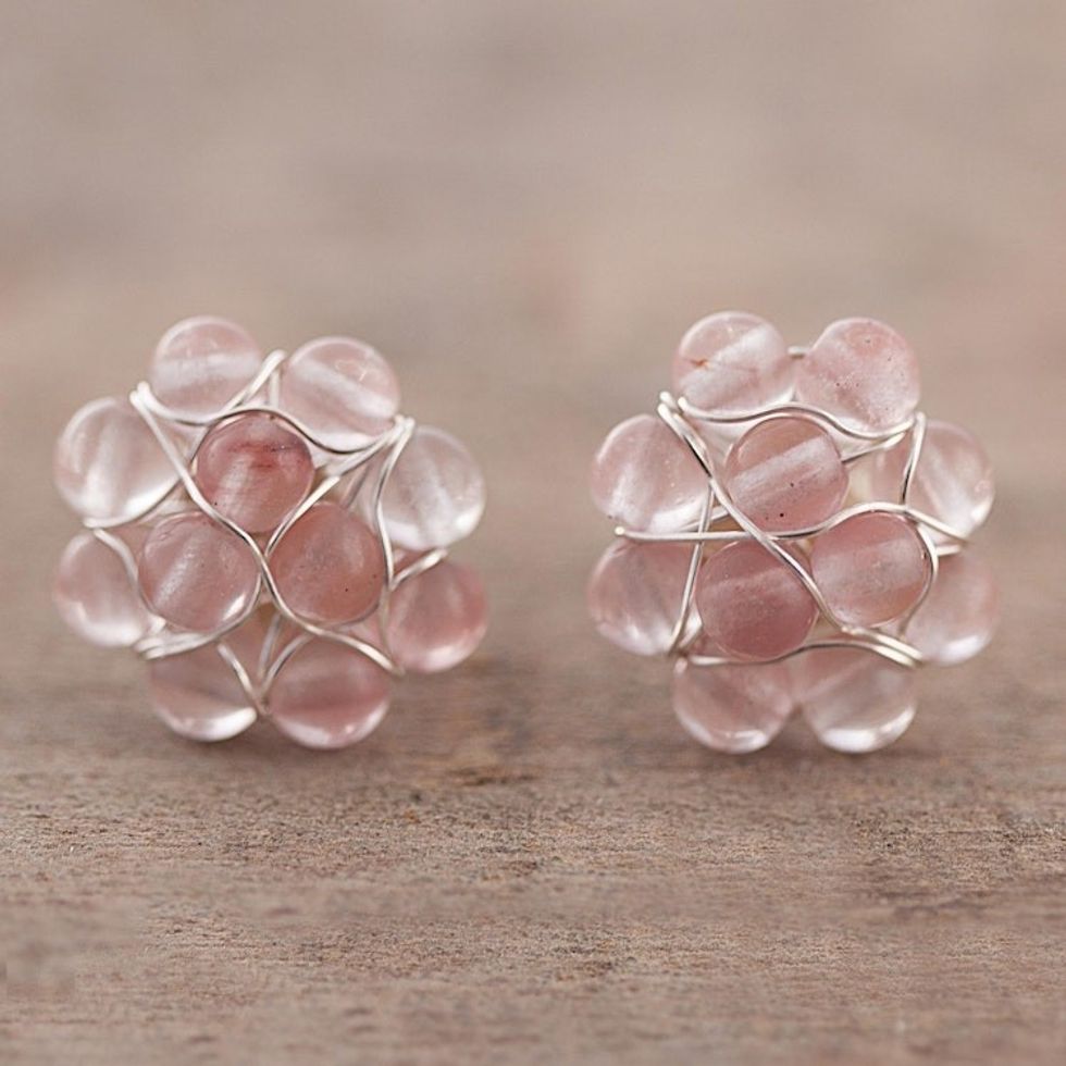 Rose Quartz Bead Cluster Flower and Sterling Silver Earrings 'Andean Corsage'