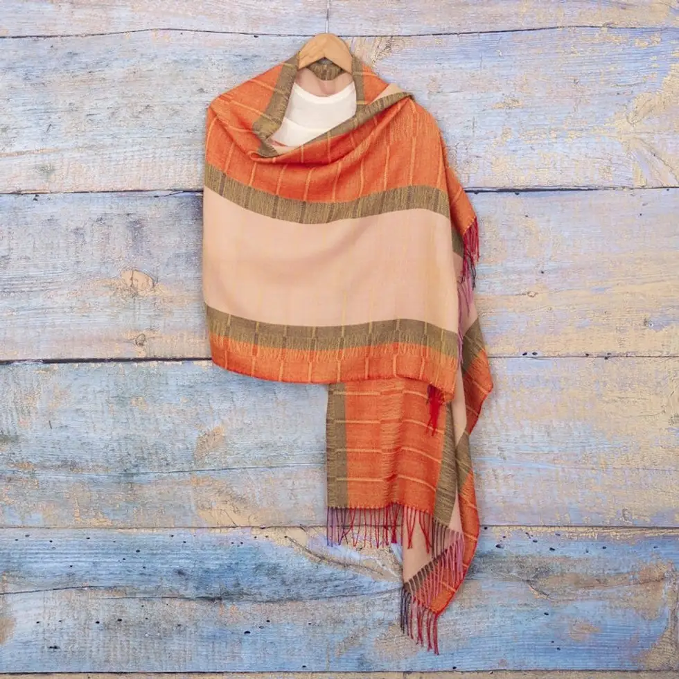 Handwoven Fringed Soft Baby Alpaca Shawl in Orange and Beige 'Sweet Autumn'