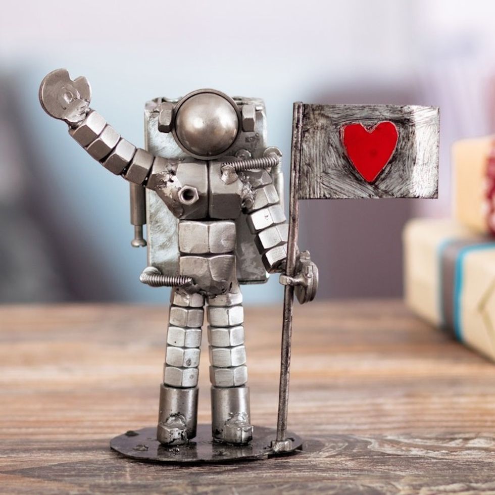 Eco-Friendly Recycled Metal Sculpture of Astronaut and Flag 'Astronaut'