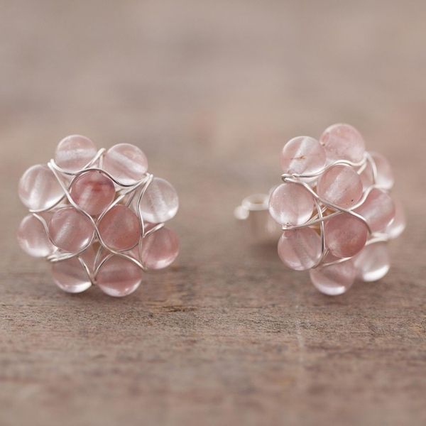 Alternate image for Rose Quartz Bead Cluster Flower and Sterling Silver Earrings Andean Corsage