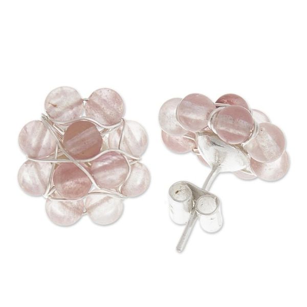 Alternate image for Rose Quartz Bead Cluster Flower and Sterling Silver Earrings Andean Corsage