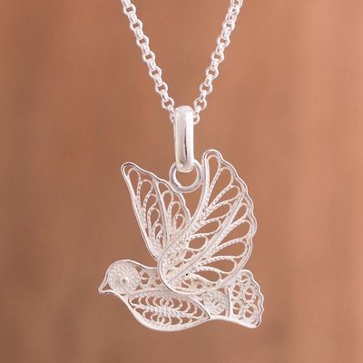 Alternate image for Handcrafted Sterling Silver Filigree Dove Pendant Necklace Peace and Grace